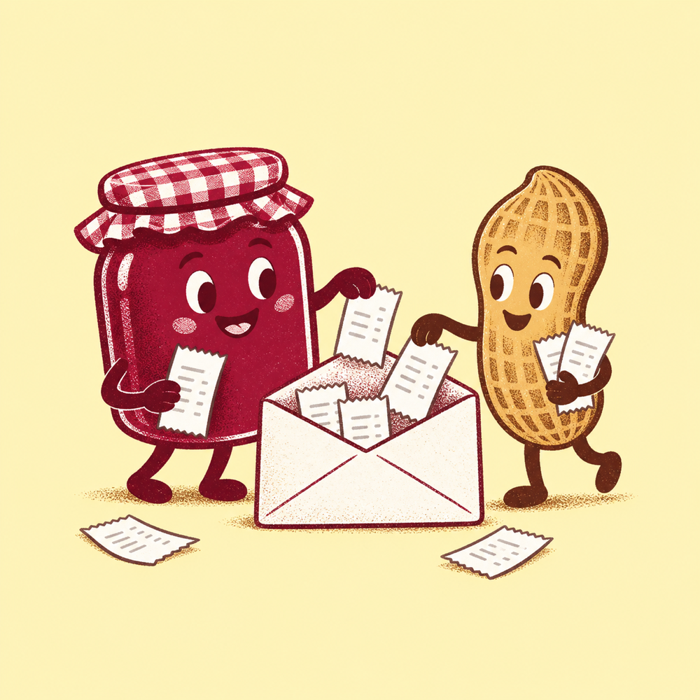 A jam jar and a peanut team up to gather receipts into an envelope.